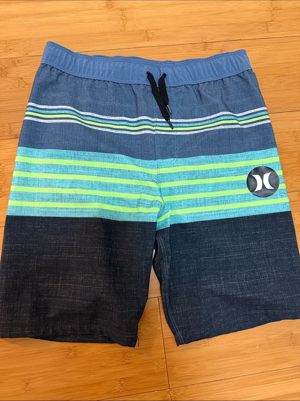 Hurley Blue & Green Striped Swim Shorts Boy’s Size 10/12
